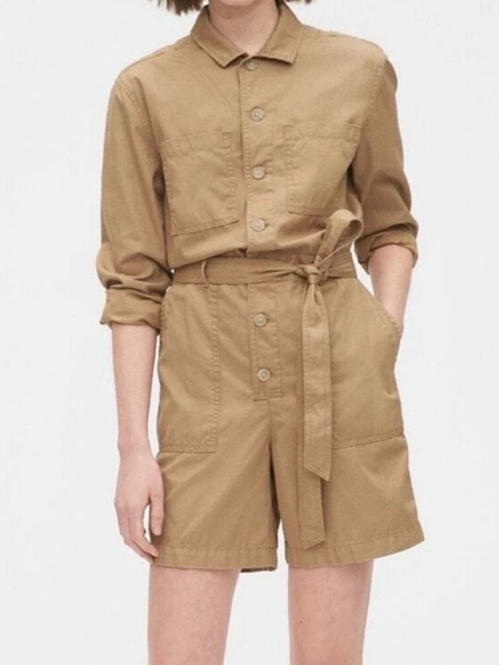 Gap Utility Romper, Shorts, Long Sleeve, Elastic Waist, Tan,